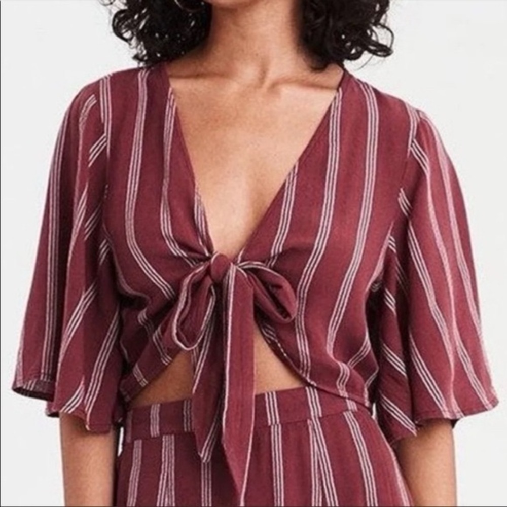 American Eagle Burgundy Pinstripe Front Tie Crop Top